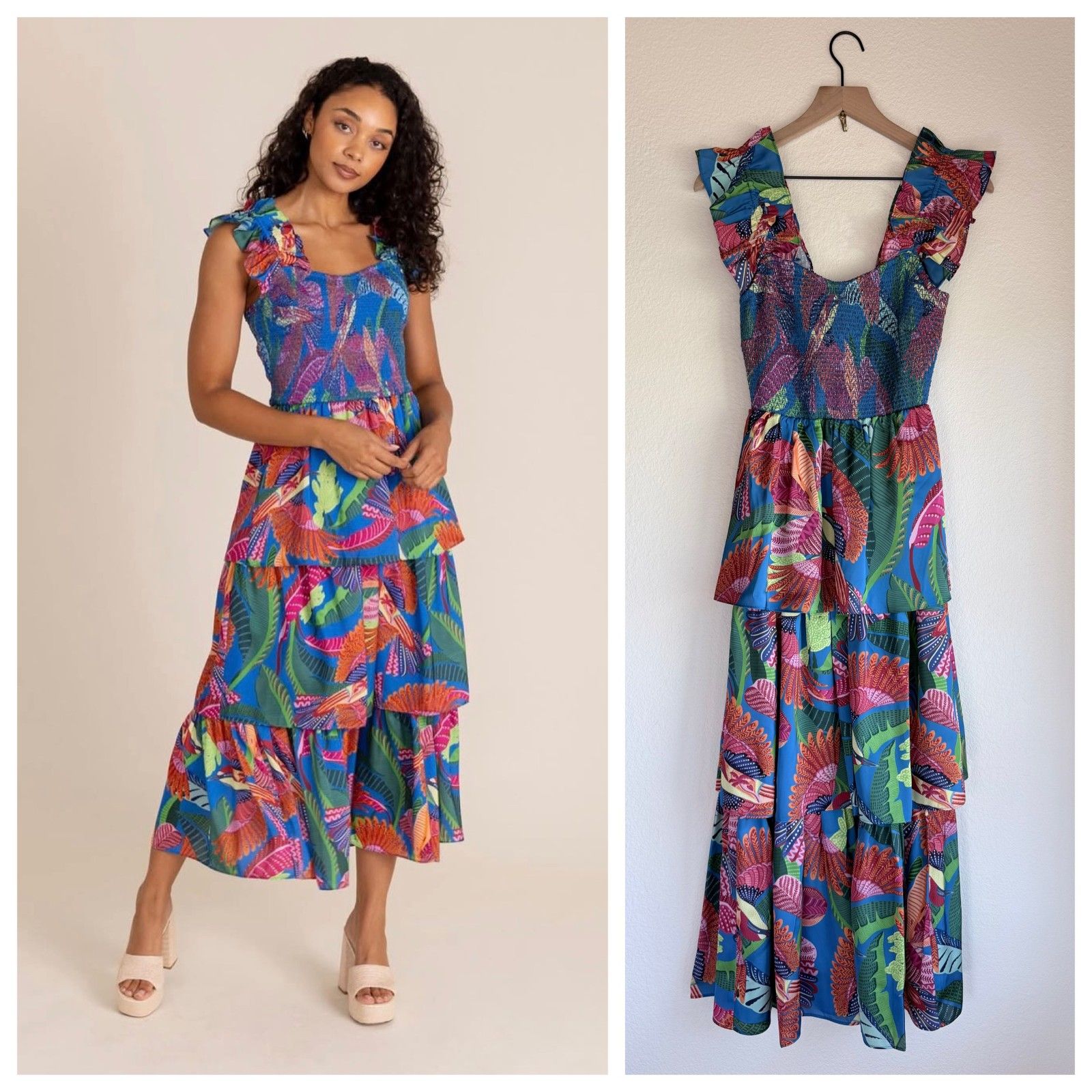 New Alden Adair Frida Tropical Tiered Smocked Midi Dress In Blue Flock Size Xs